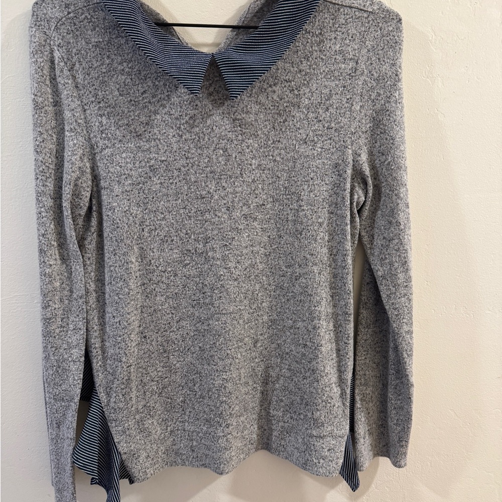Monteau Gray Sweater with Navy Striped Trim
